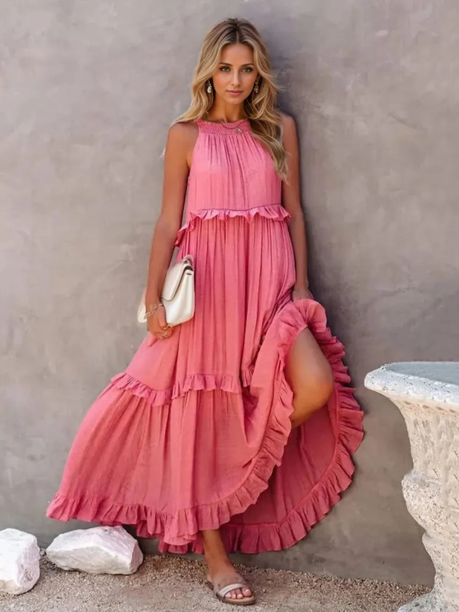 Ruffled Sleeveless Tiered Maxi Dress with Pockets - CELIVINE