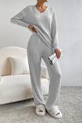 Ribbed V - Neck Top and Pants Lounge Set - CELIVINE