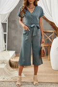 Tie - Waist Buttoned Cropped Jumpsuit - CELIVINE