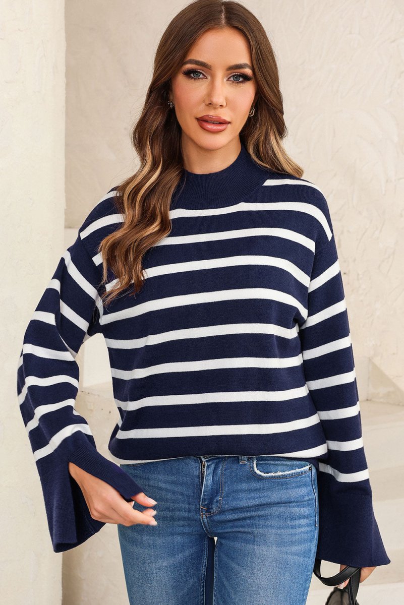 Striped Slit Drop Shoulder Sweater - CELIVINE