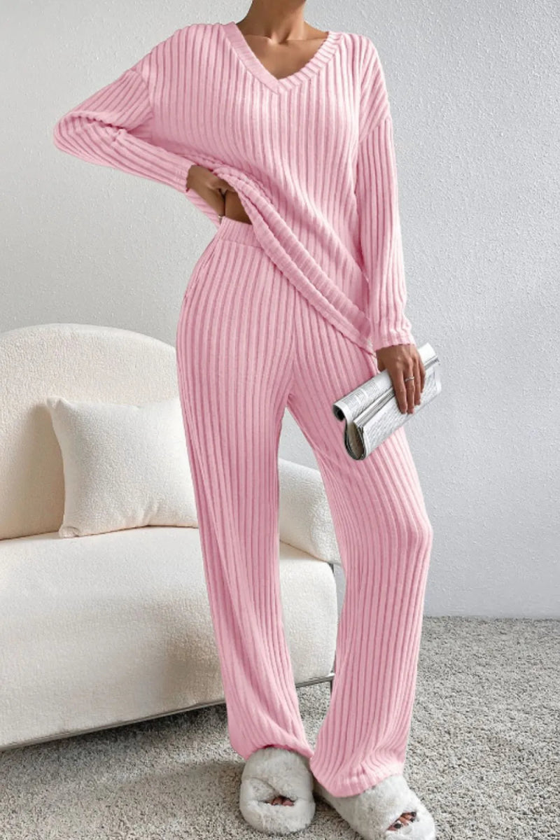 Ribbed V - Neck Top and Pants Lounge Set - CELIVINE