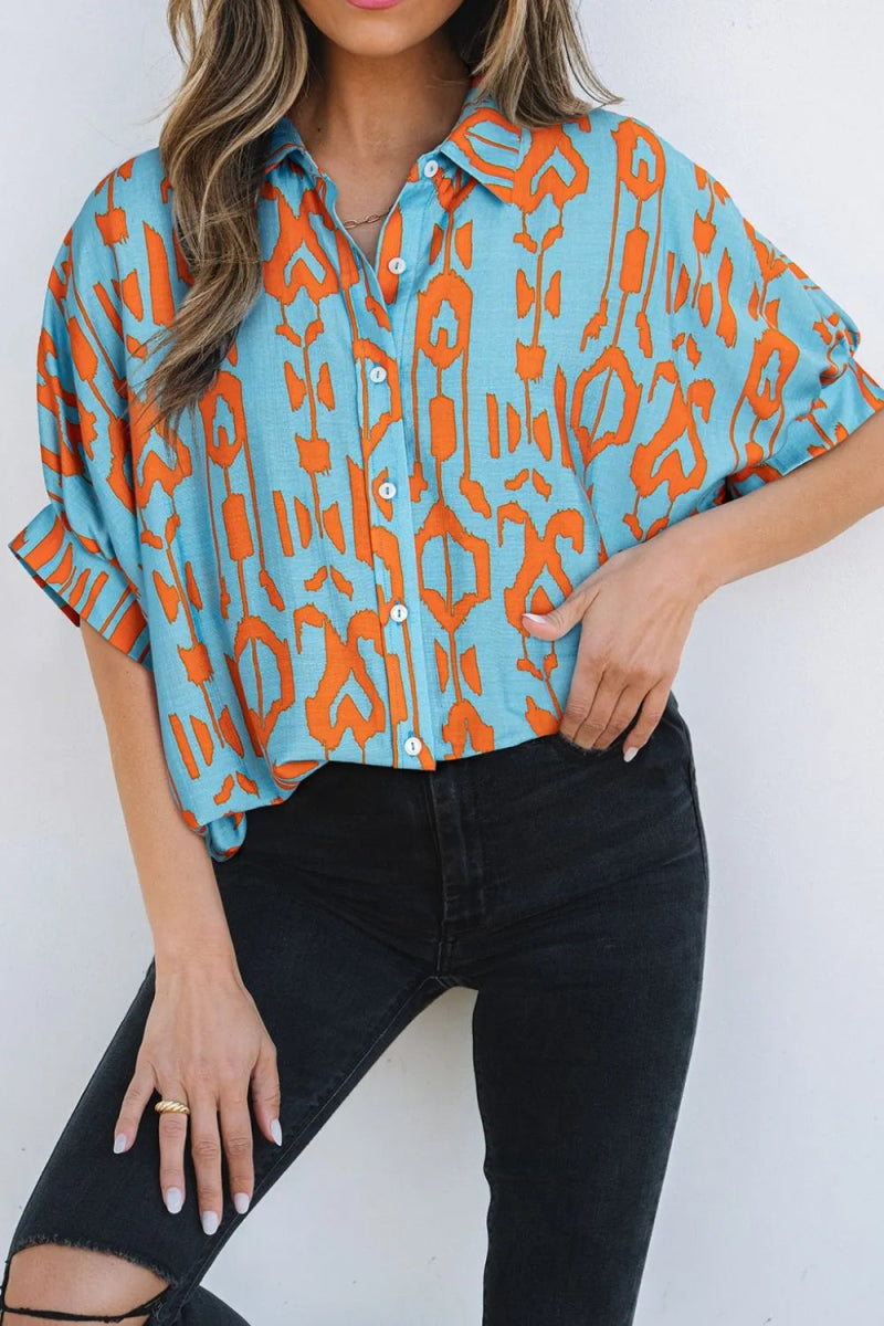 Abstract Print Dolman Short Sleeve Western Loose Shirt - CELIVINE