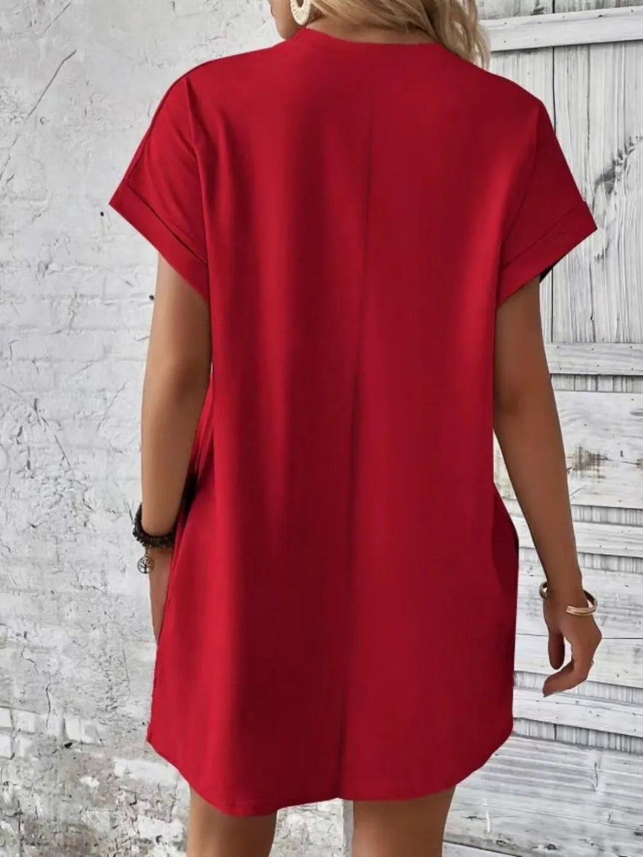 Pocketed Round Neck Short Sleeve Dress - CELIVINE