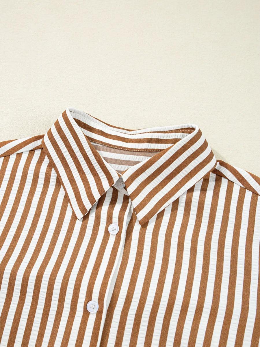 Stripe Ruffled Hem Collared Long Sleeve Shirt Mini Dress - CELIVINE