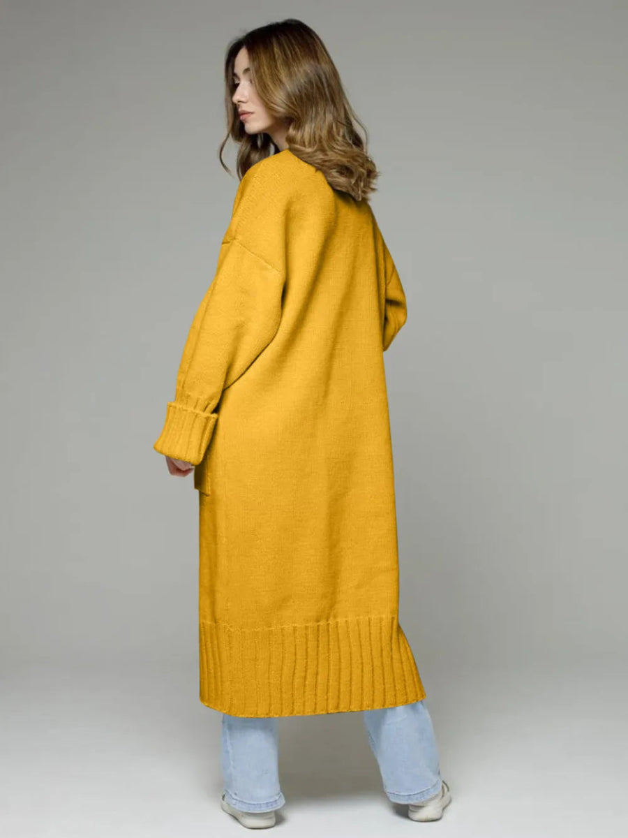 Pocketed Open Front Dropped Shoulder Cardigan - CELIVINE