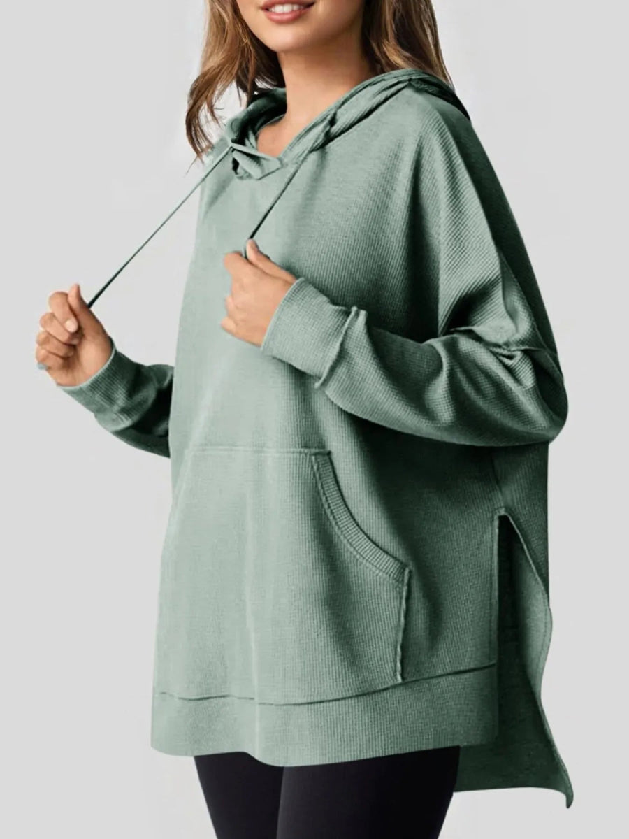 Slit Drawstring Waffle Knit Hoodie - CELIVINE