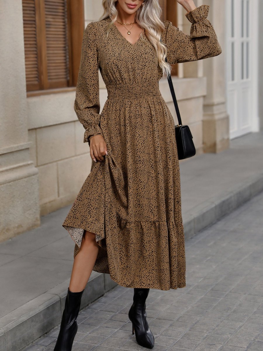 V - Neck Flounce Sleeve Ruffle Hem Dress - CELIVINE