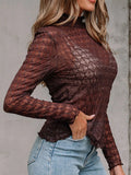 Sheer Mesh Patterned Lettuce Trim Slim Long Sleeve Top - CELIVINE