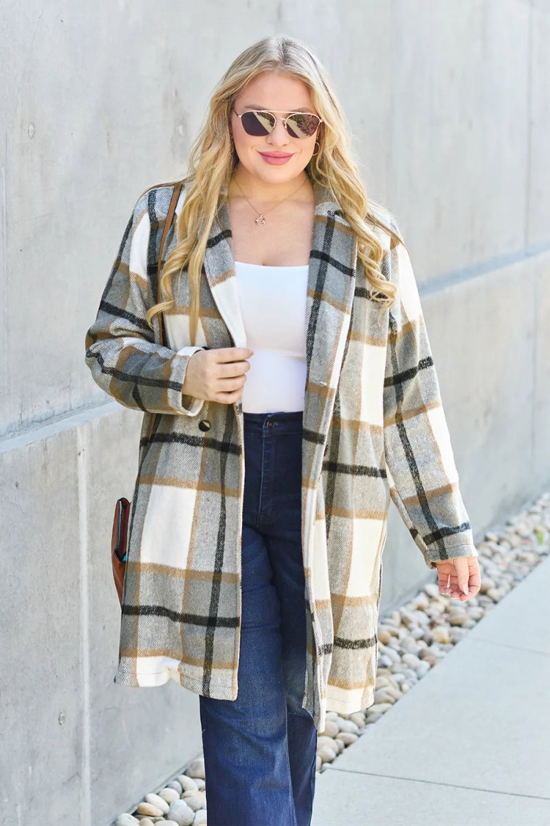 Double Take Full Size Plaid Button Up Lapel Collar Coat - CELIVINE