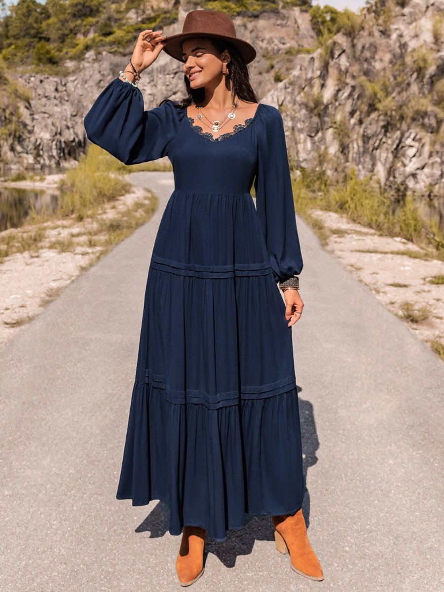 Long Sleeve Lace Trim Maxi Dress - CELIVINE
