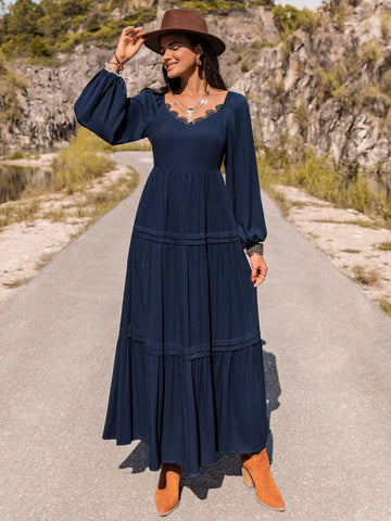 Long Sleeve Lace Trim Maxi Dress - CELIVINE