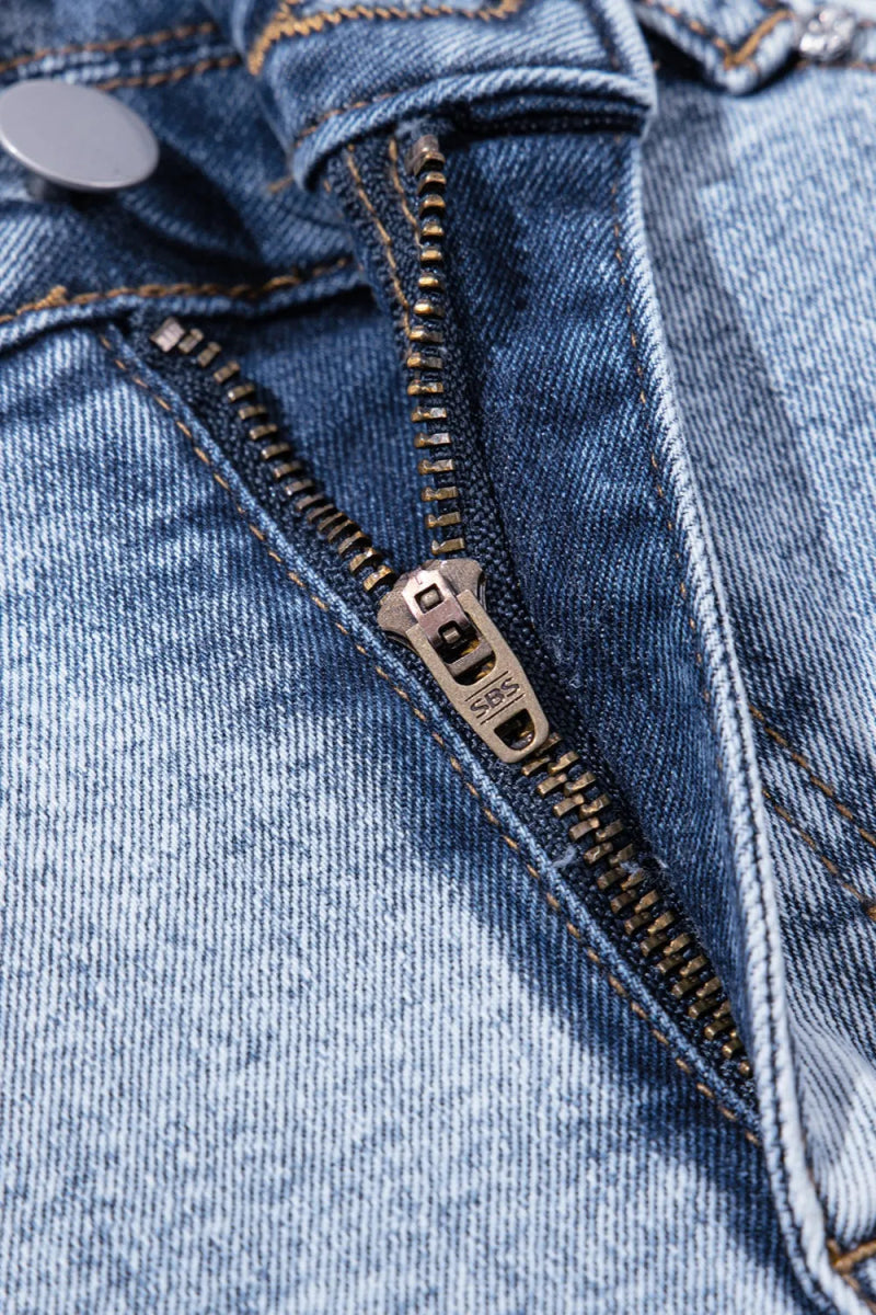 Rhinestone Light Wash Raw Hem High Waist Denim Shorts - CELIVINE