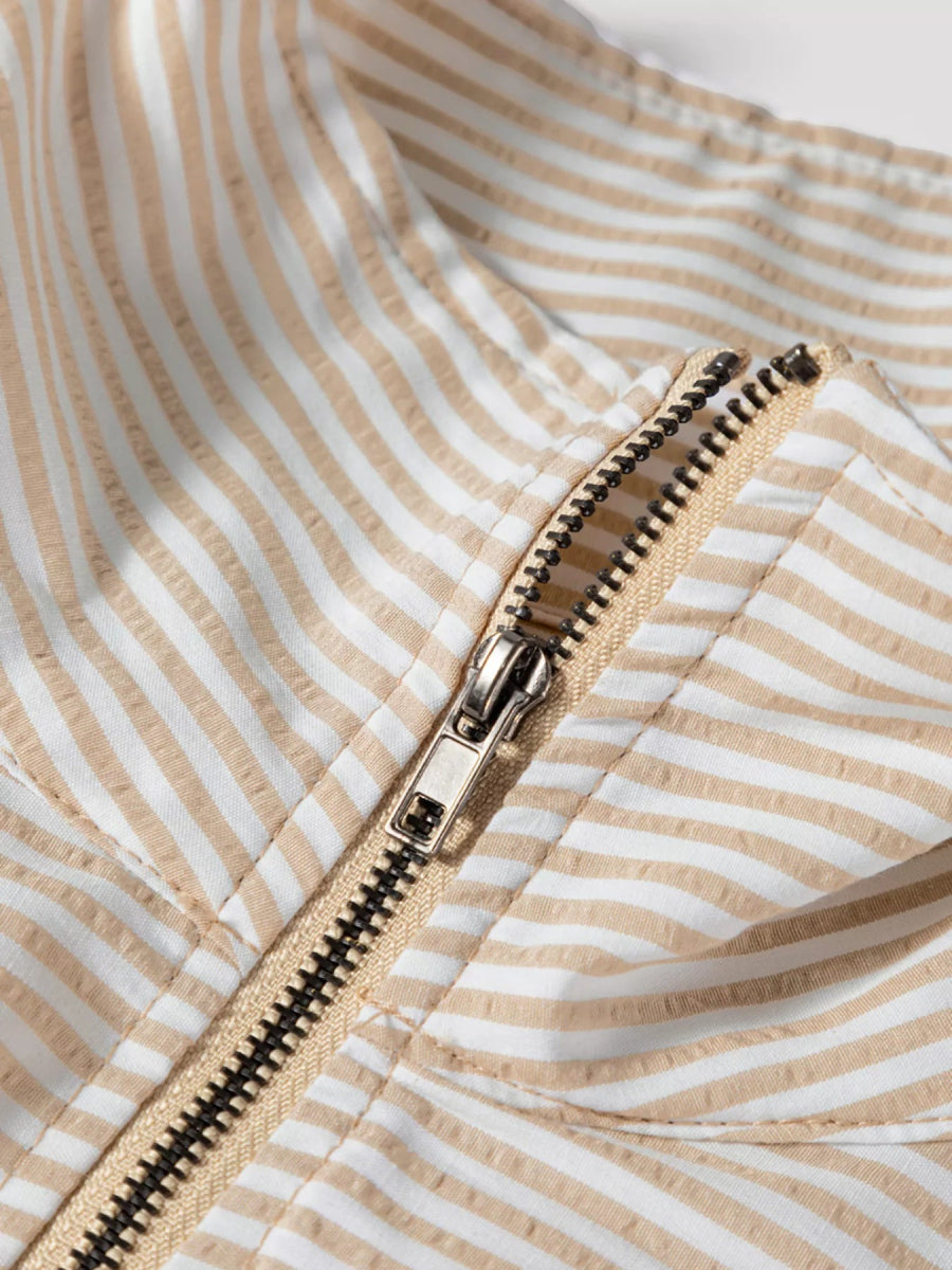 Quarter Zip Striped Patchwork Drop Shoulder Loose Long Sleeve Top - CELIVINE