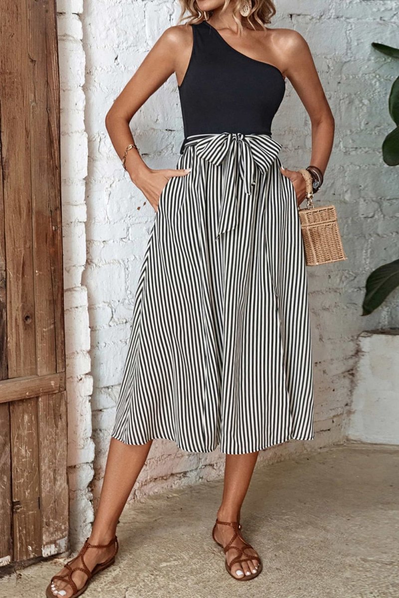 Striped One - Shoulder Slit Dress - CELIVINE