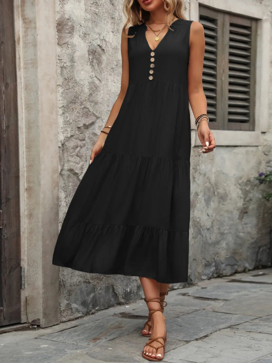 Ivy Lane Decorative Button Notched Sleeveless Dress - CELIVINE