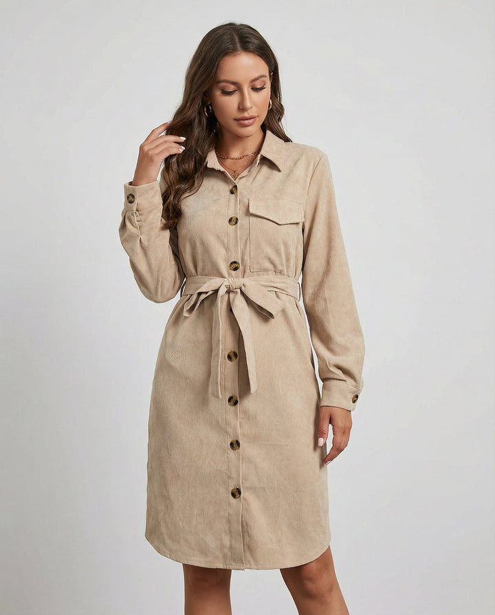 Button Tie Waist Midi Shirt Dress - CELIVINE