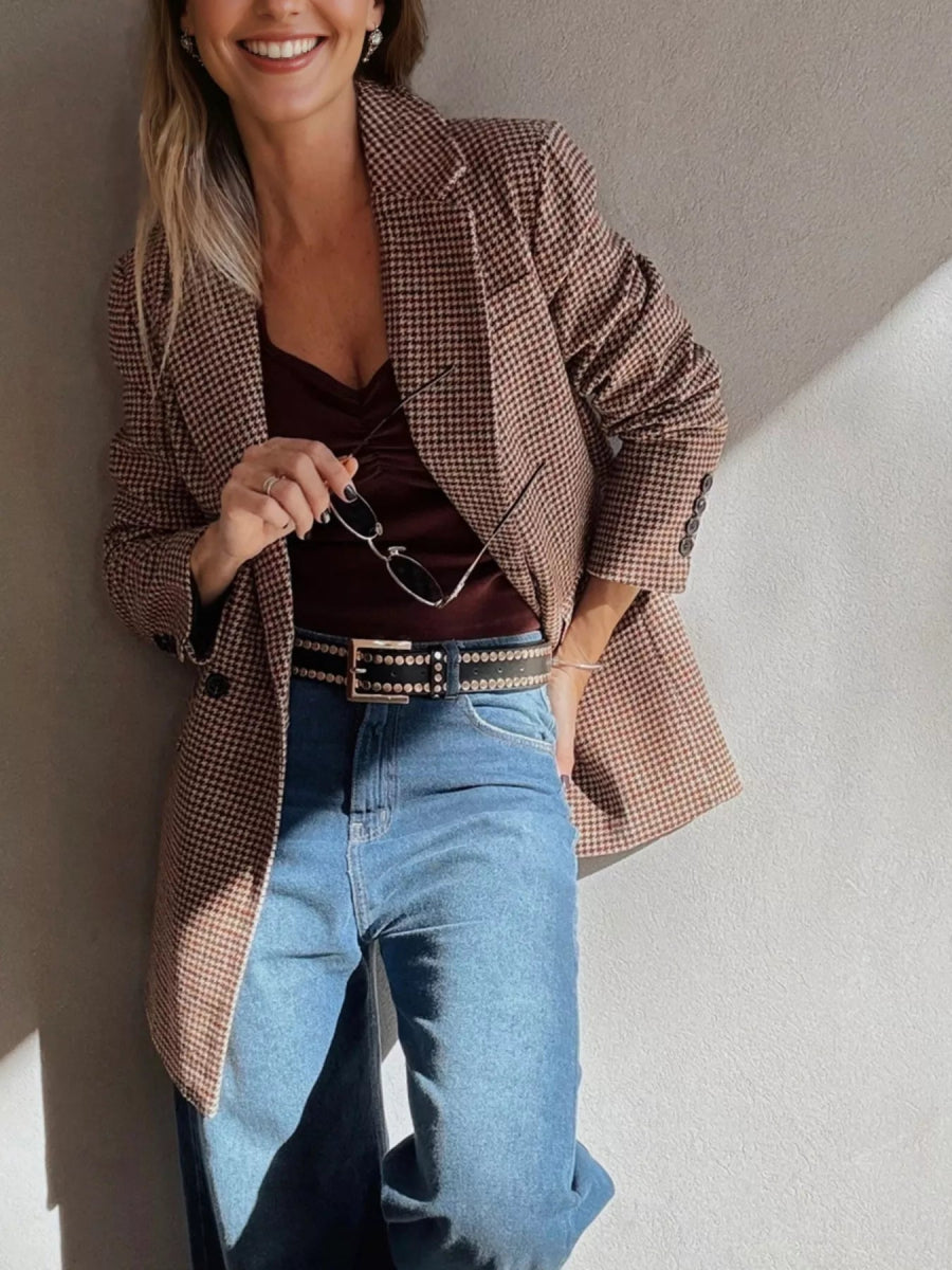 Houndstooth Lapel Collar Blazer - CELIVINE