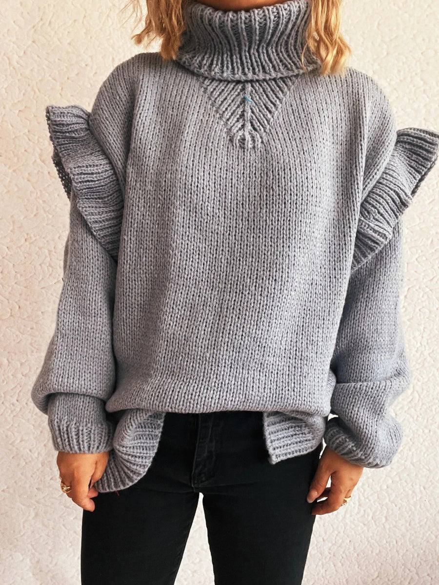 Ruffled Turtleneck Long Sleeve Sweater - CELIVINE