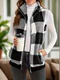 Pocketed Plaid Zip Up Vest Coat - CELIVINE