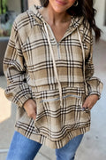 Drawstring Plaid Half Zip Raglan Sleeve Hoodie - CELIVINE