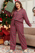 Plus Size Plaid Collared Neck Top and Pants Lounge Set - CELIVINE