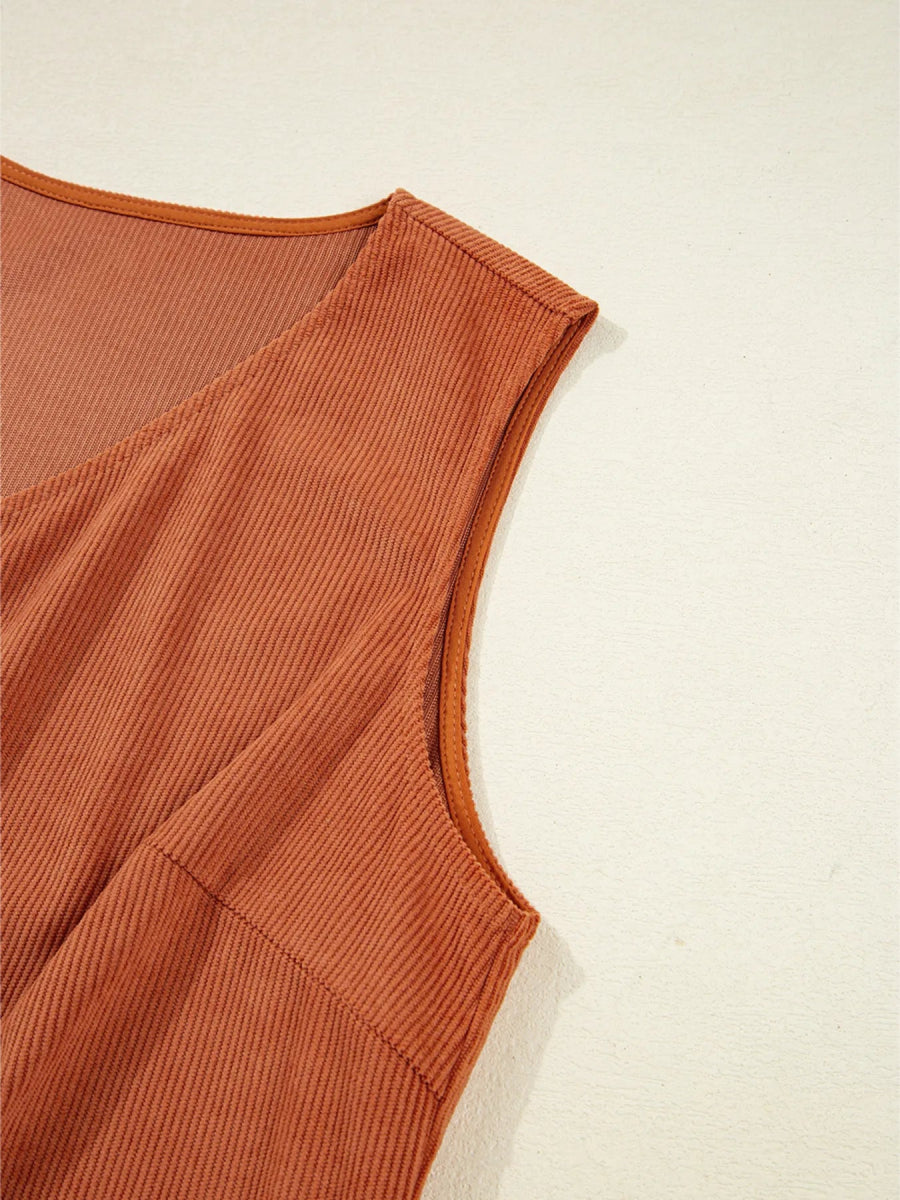 Corduroy Western Embroidered Patched Pocket Shift Sleeveless Mini Dress - CELIVINE