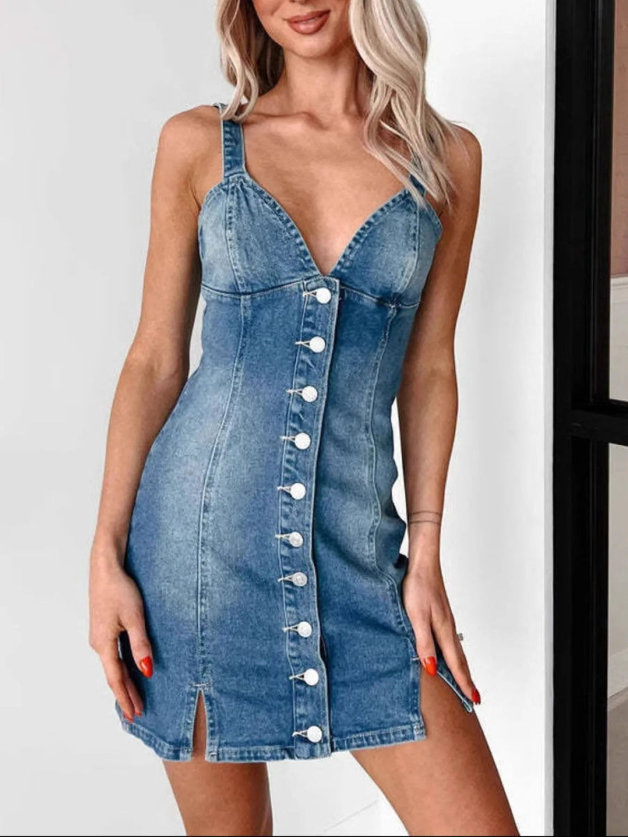 Button Front Sweetheart Neck Denim Mini Dress - CELIVINE