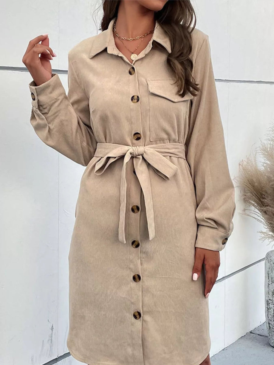 Button - Front Tie Waist Shirt Dress - CELIVINE