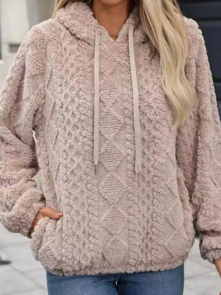 Drawstring Long Sleeve Plush Hoodie - CELIVINE