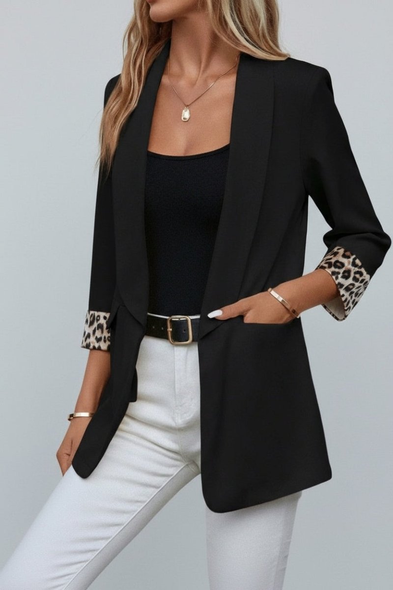Leopard Lapel Collar Open Front Blazer - CELIVINE