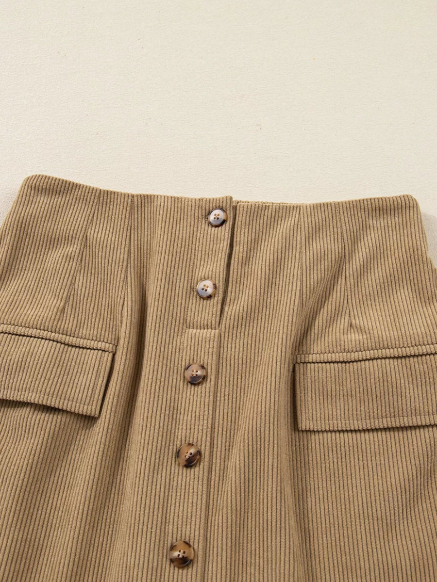 Corduroy Buttoned Front Mini Skirt - CELIVINE
