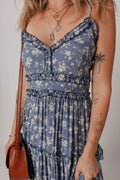 Floral Spaghetti Strap Frilled V Neck Tiered Midi Dress - CELIVINE