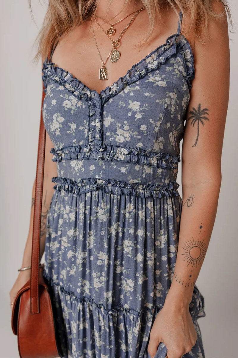 Floral Spaghetti Strap Frilled V Neck Tiered Midi Dress - CELIVINE