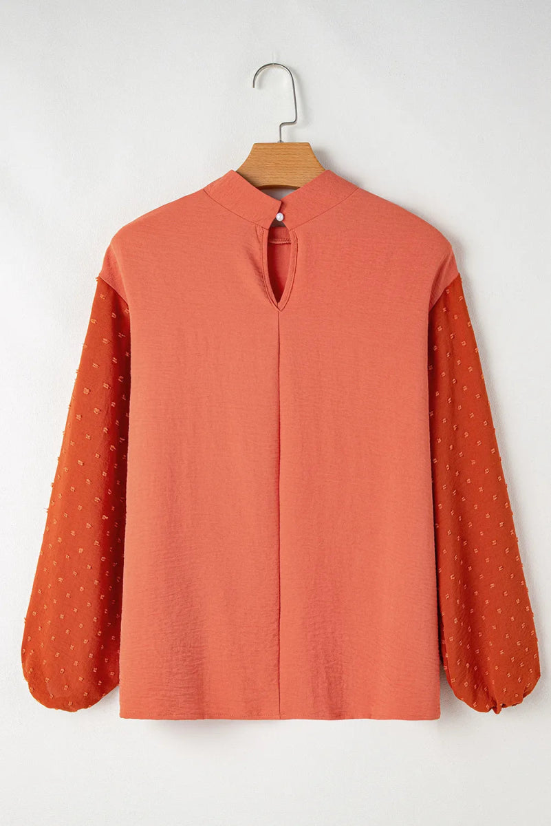 Swiss Dot Mock Neck Balloon Sleeve Blouse - CELIVINE