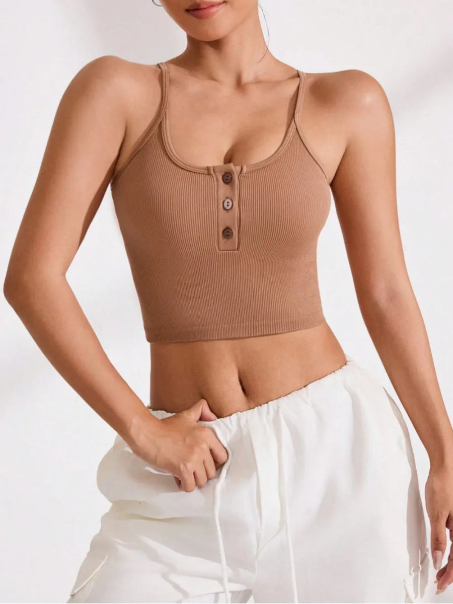 Ribbed Half Button Cropped Active Cami - CELIVINE
