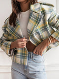 Plaid Lapel Collar Cropped Outerwear - CELIVINE