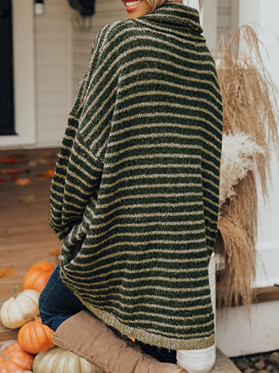 Striped Turtleneck Sweater with Pockets - CELIVINE