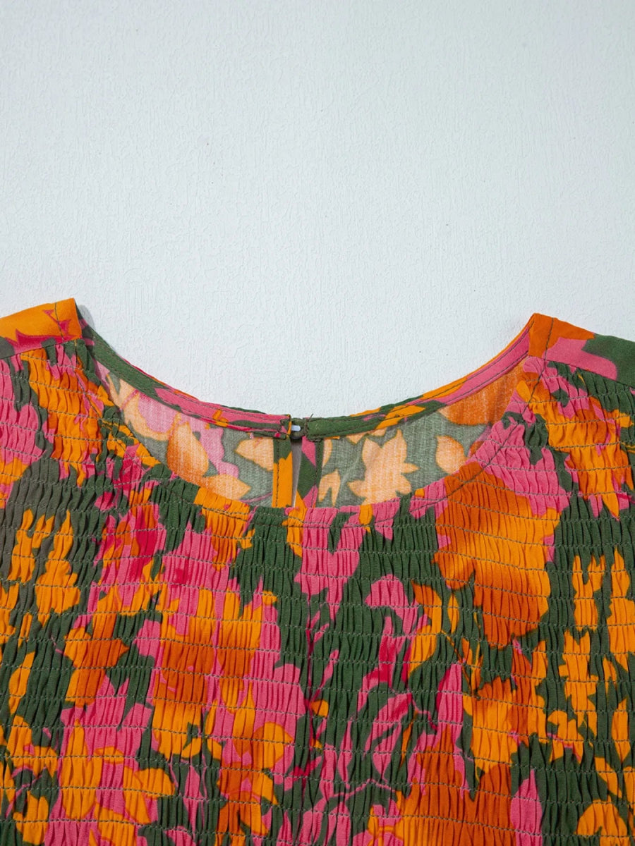 Smocked Floral Print Long Sleeve Maxi Dress - CELIVINE