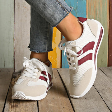 Striped Contrast Mesh Lace Up Sneakers - CELIVINE