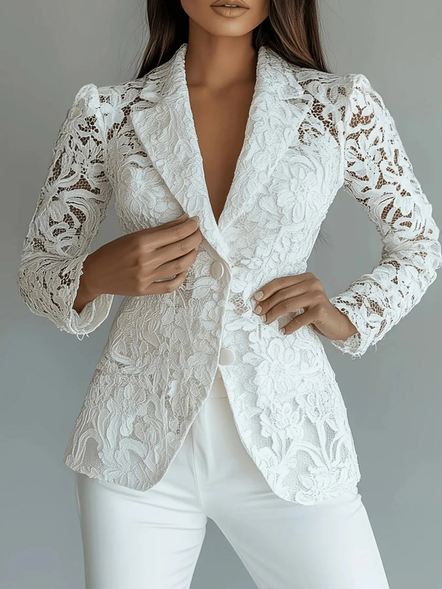 Floral Pattern Lace Single - Breasted Blazer - CELIVINE