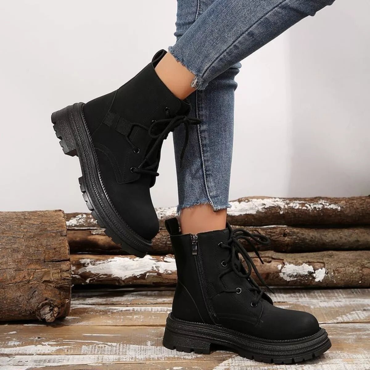 Round Toe Lace Up Platform Boots - CELIVINE