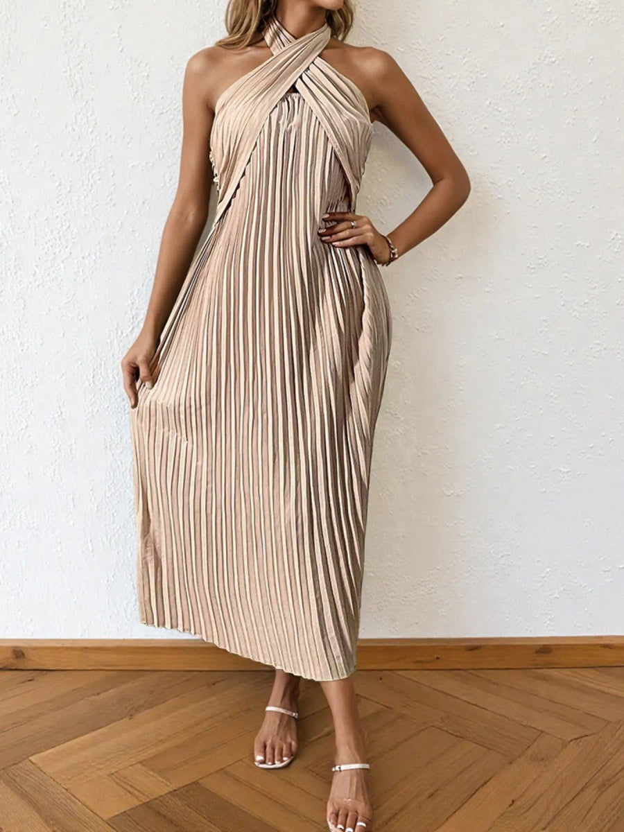 Pleated Halter Neck Midi Dress - CELIVINE