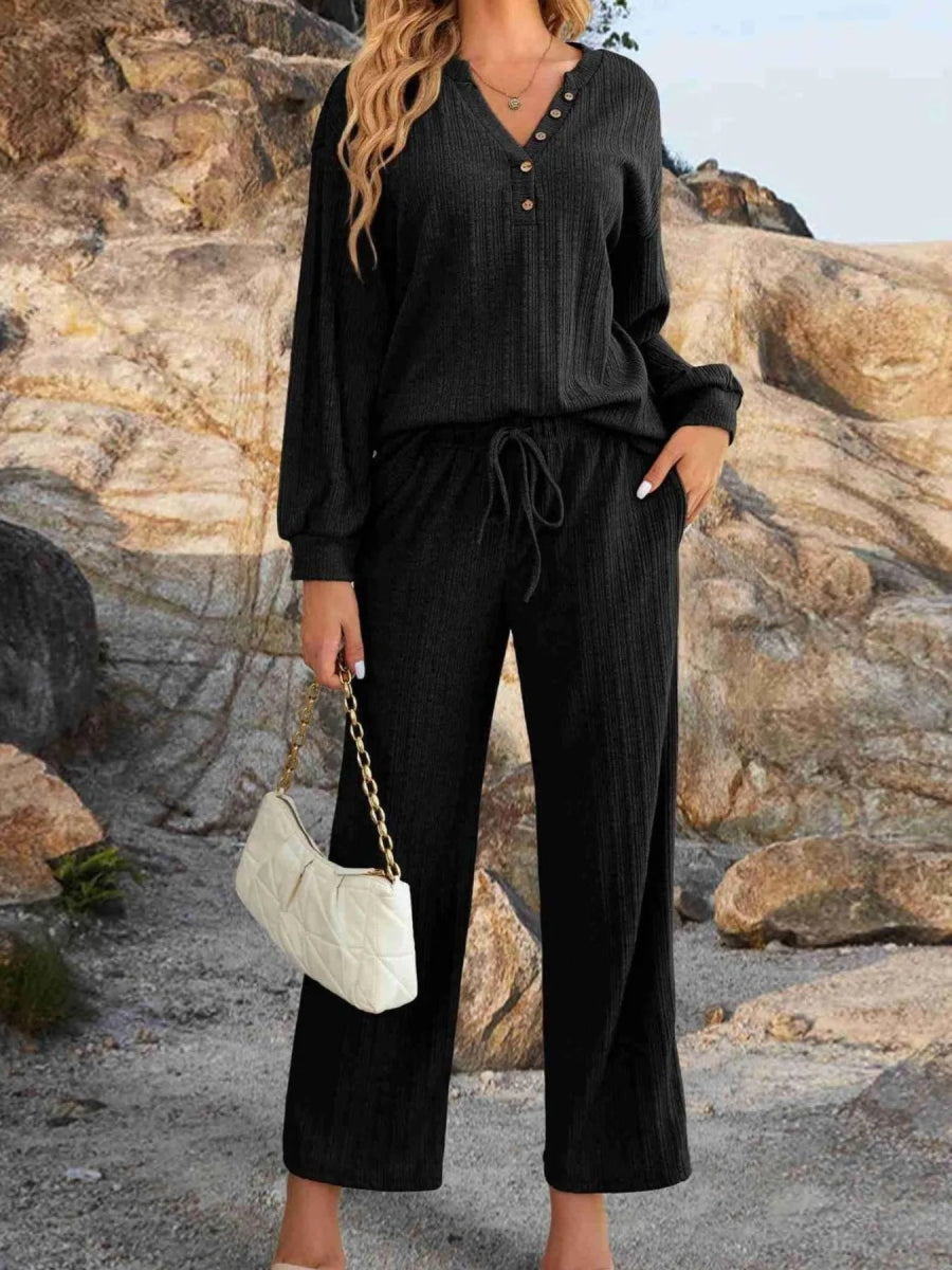 Ribbed Knit Top and Pants Lounge Set with Button Detail - CELIVINE