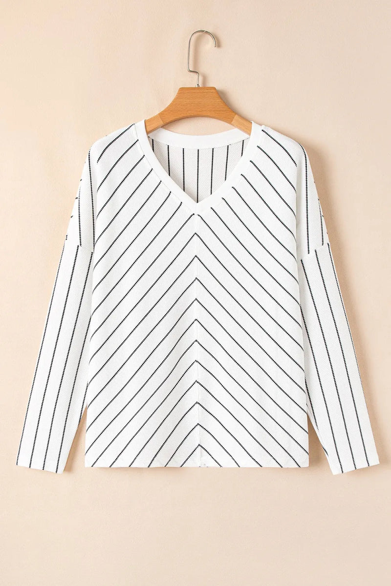 Striped V - Neck Long Sleeve Blouse - CELIVINE