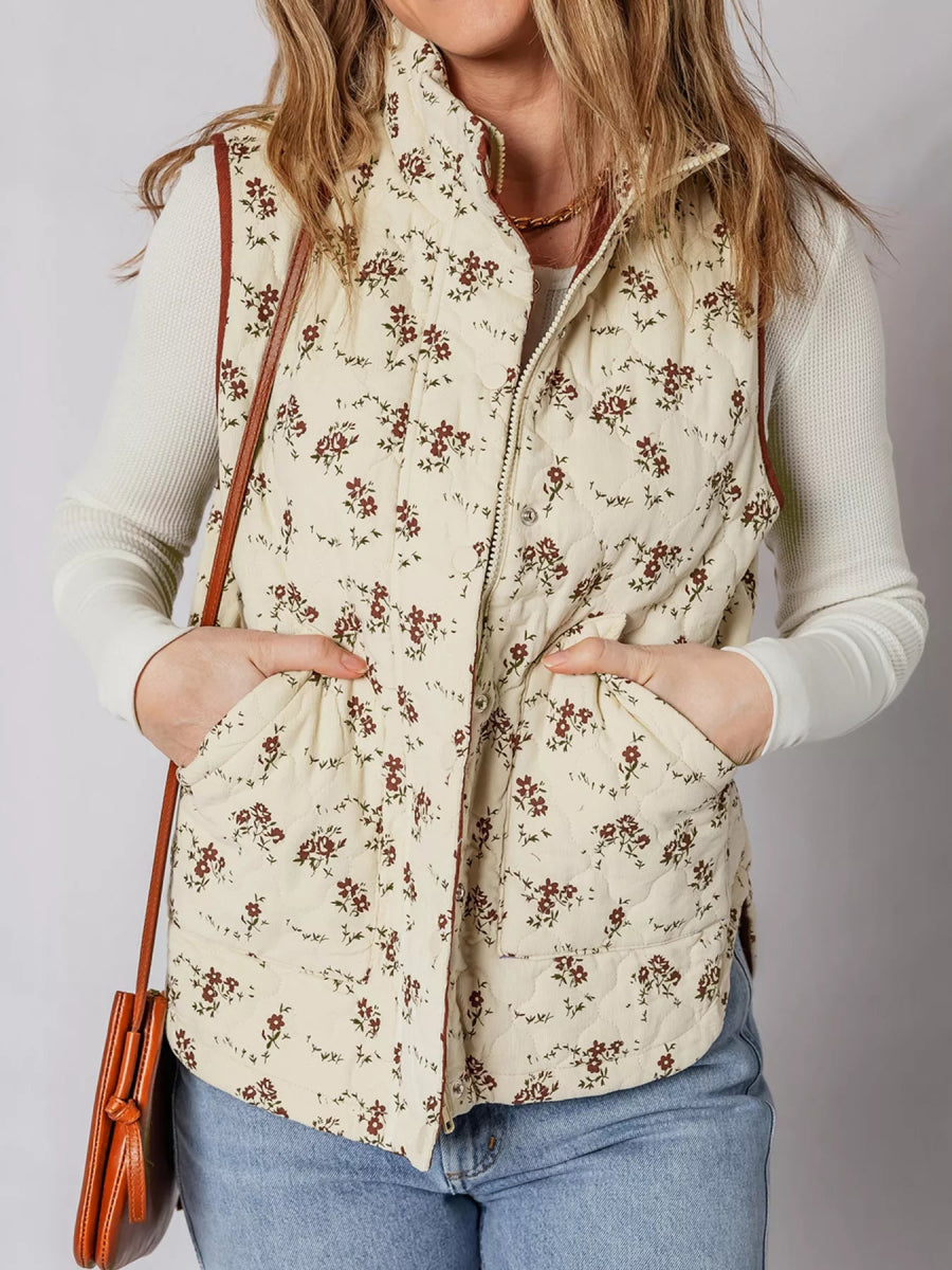 Floral Print Zip Up Quilted Vest - CELIVINE