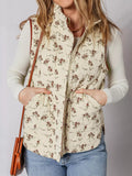 Floral Print Zip Up Quilted Vest - CELIVINE