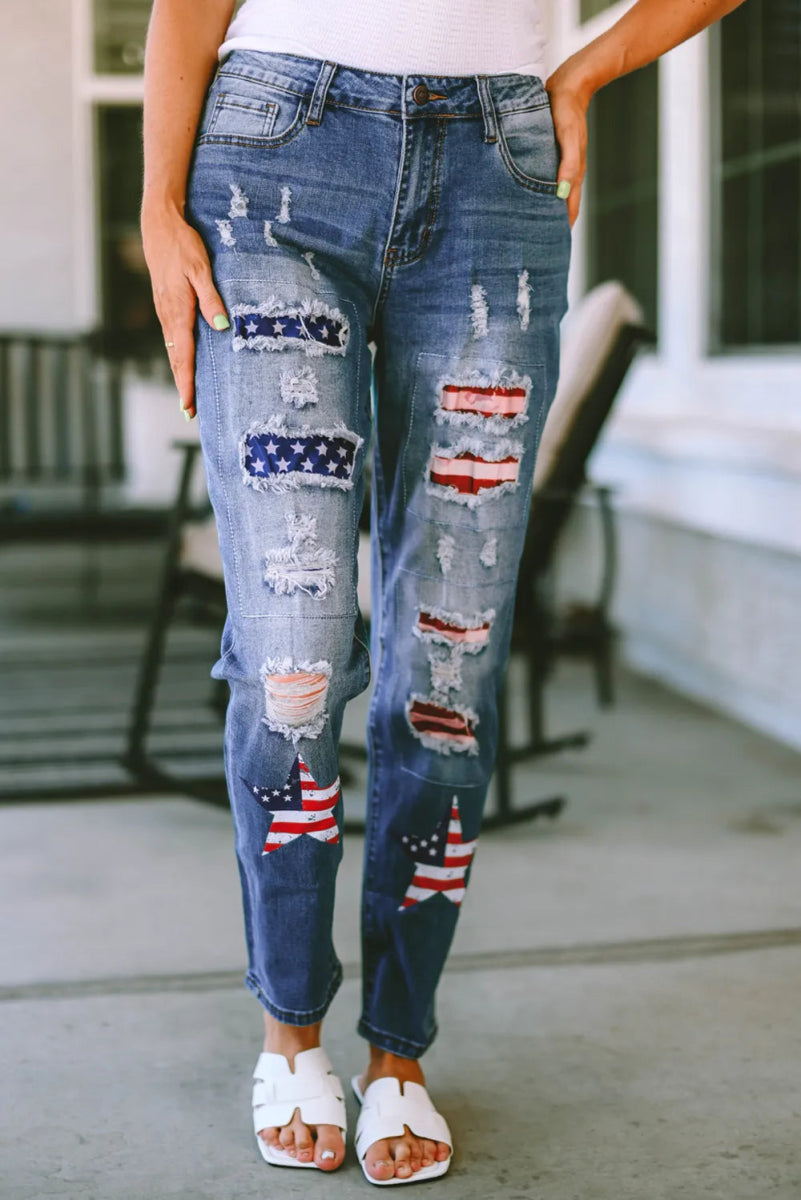 Distressed Straight Jeans with Pockets - CELIVINE