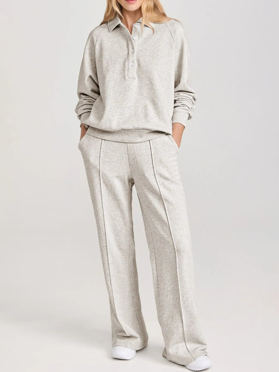 Collared Sweatshirt and High Waist Pants Active Set - CELIVINE