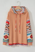 Plus Size Drawstring Geometric Long Sleeve Hoodie - CELIVINE