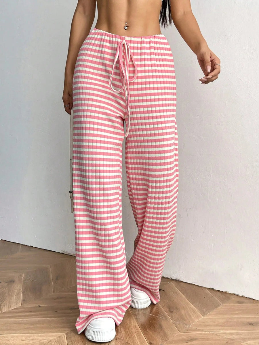 Striped Wide Leg Drawstring Pants - CELIVINE
